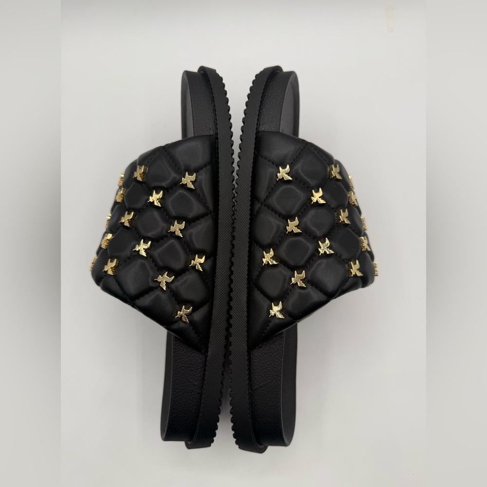 She Is Cheval Black Quilted Slide Sandals W/Gold Accents Comfort Designer Style - Picture 13 of 17